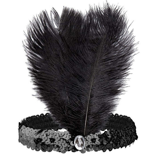 Headband The Roaring 20S Sequin With 2 Feathers & Gem Black