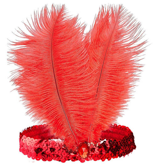 Headband The Roaring 20S Sequin With 2 Feathers & Gem Red