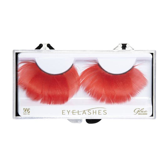 Red Feather Eyelashes In Box With Glass Bottle Glue