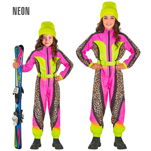 “Neon Pink-Yellow Animalier Leopard Ski Suit  Overalls, Belt 