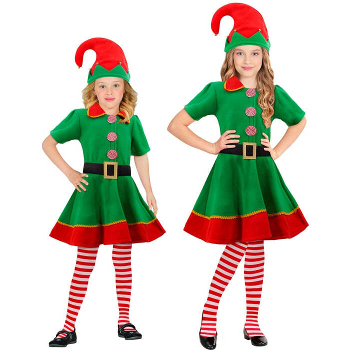 Santa'S Little Helper Elf  Dress With Belt, Hat, Stockings 