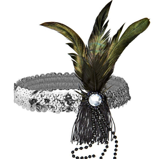 Silver Sequin Headband With Feather & Pearls