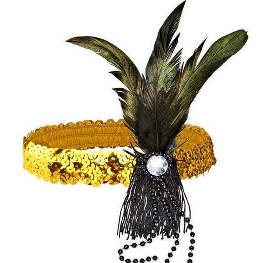 Gold Sequin Headband With Feather& Pearls