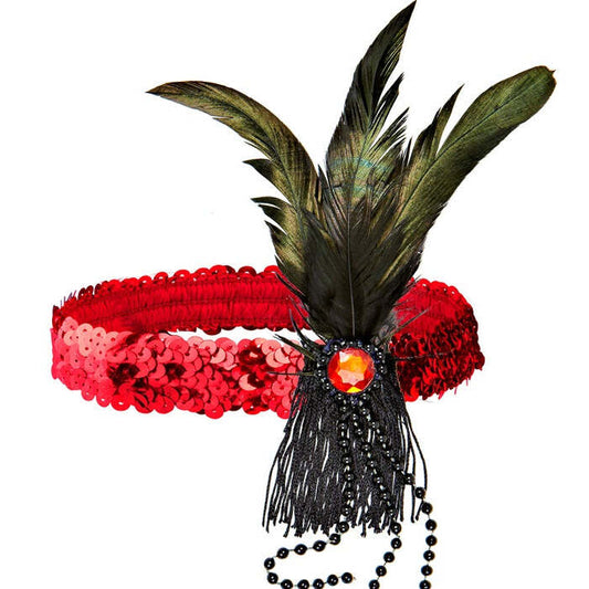 Red Sequin Headband With Feather & Pearls