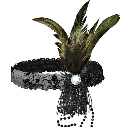 Black Sequin Headband With Feather & Pearls