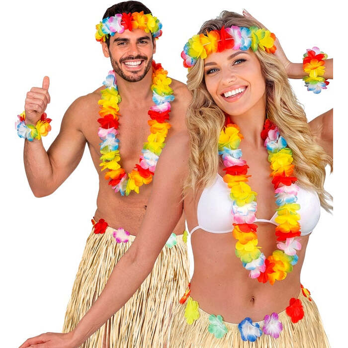 Deluxe Multicolor Hawaiian Set  Lei, Crown, Bracelet 