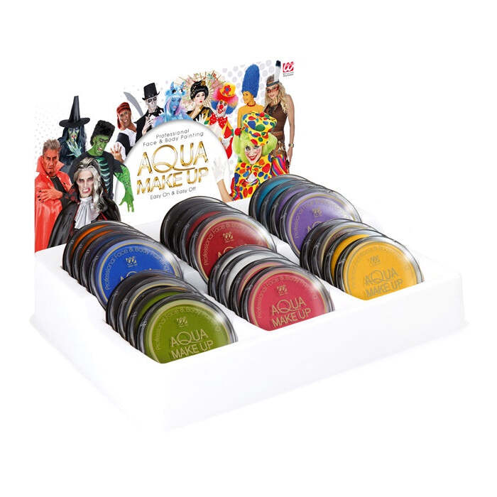 24 Aqua Makeup - 10 Ml - Display Of 24  2 X White, Black, Brown, Red, Fuchsia Pink, Sky Blue, Emerald Green, Purple, Blue, Yellow, Orange, Grey 