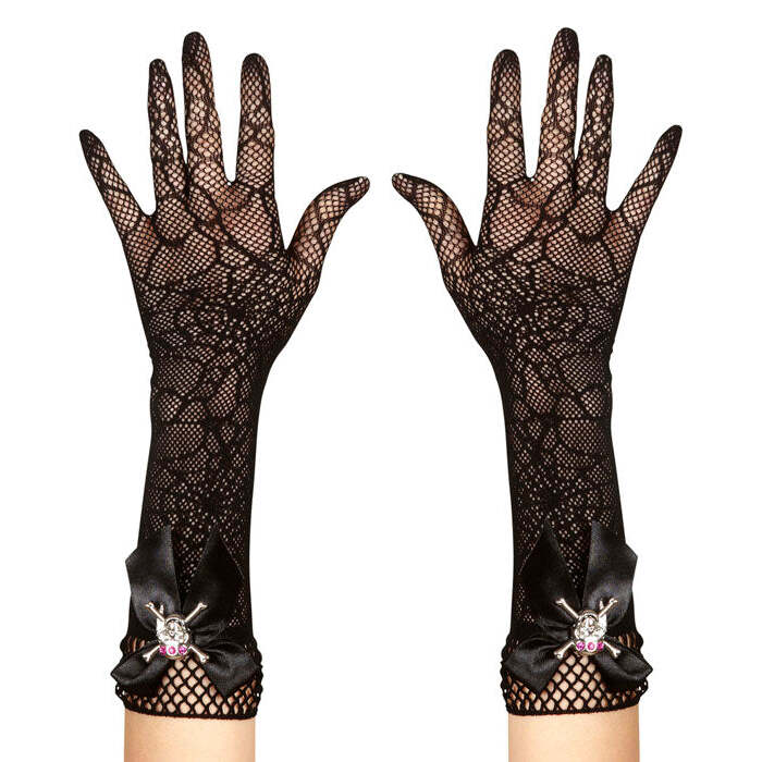 Strass Skull Spidermesh Gloves - 33 Cm