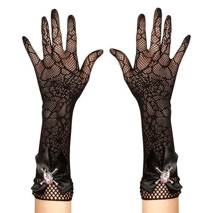 Strass Skull Spidermesh Gloves - 33 Cm