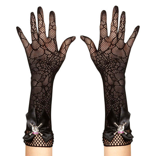 Strass Skull Spidermesh Gloves - 33 Cm