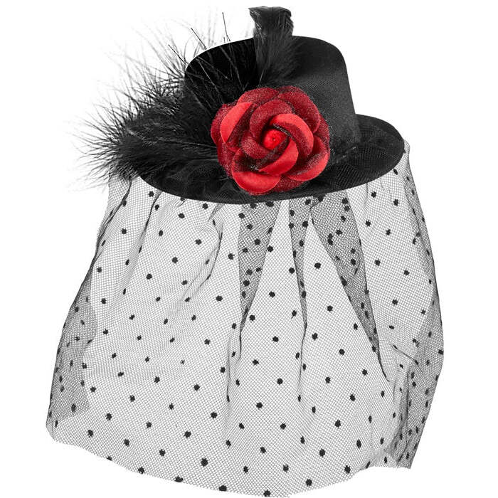 Black Mini Top Hats With Rose, Dotted Tulle & Feathers