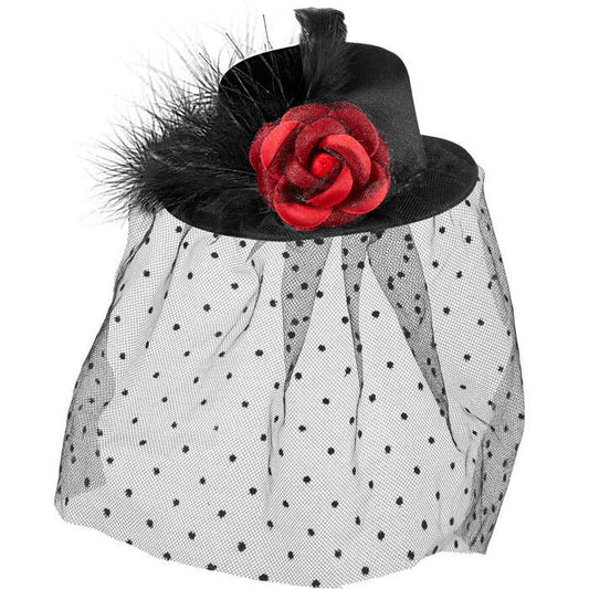 Black Mini Top Hats With Rose, Dotted Tulle & Feathers
