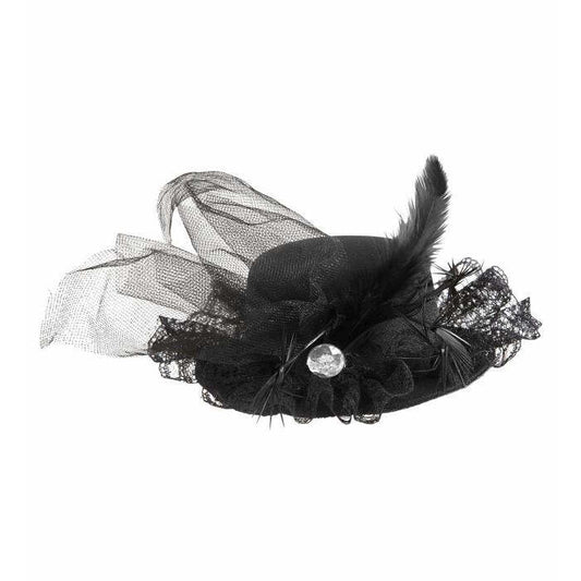 Black Mini Top Hats With Diamante, Lace, Tulle & Feathers