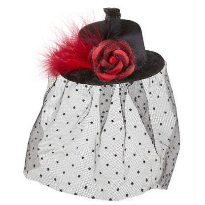 Black Mini Top Hats With Rose, Dotted Tulle Veil & Feathers