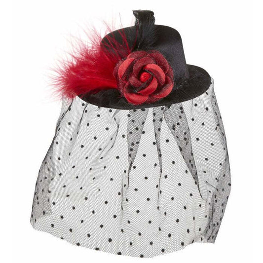 Black Mini Top Hats With Rose, Dotted Tulle Veil & Feathers