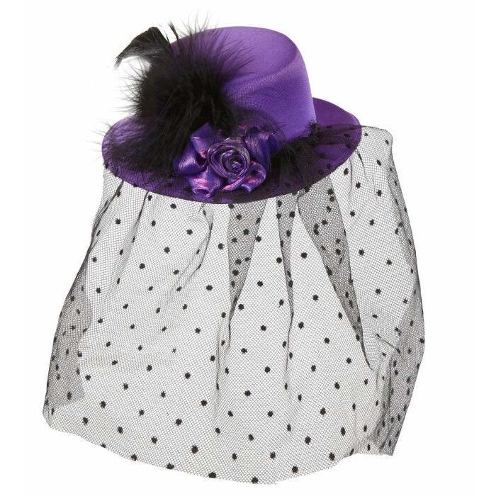 Purple Mini Top Hats With Rose, Dotted Tulle Veil & Feathers