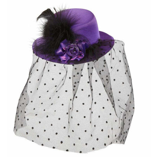 Purple Mini Top Hats With Rose, Dotted Tulle Veil & Feathers