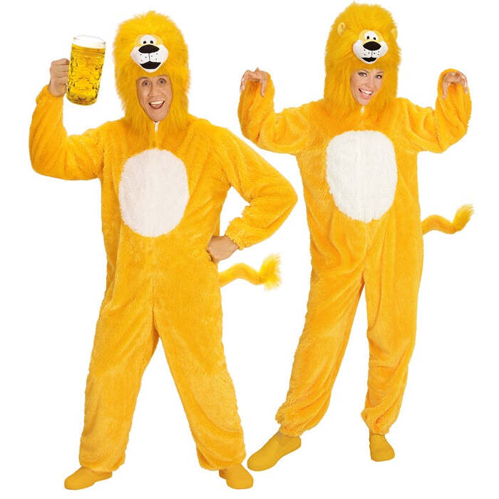 Yellow Lion In Soft Plush  Hooded Jumpsuit With Mask 