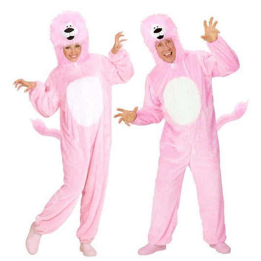 Pink Lion In Soft Plush  Hooded Jumpsuitwith Mask 