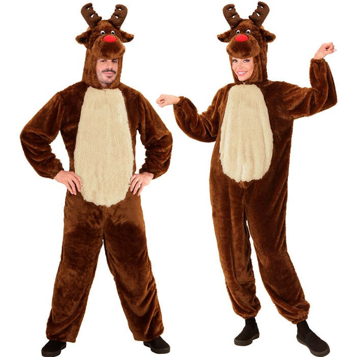 Reindeer In Soft Plush  Hooded Jumpsuit With Mask 