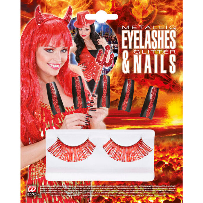 Set Of Red Metallic Eyelashes & 10  Nails