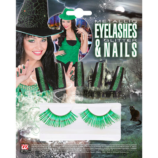 Set Of Green Metallic Eyelashes &10  Nails