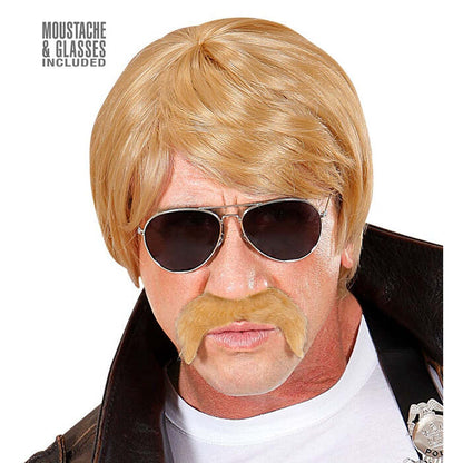 Blond Undercover Agent Wig With Moustache & Sunglasses In Box