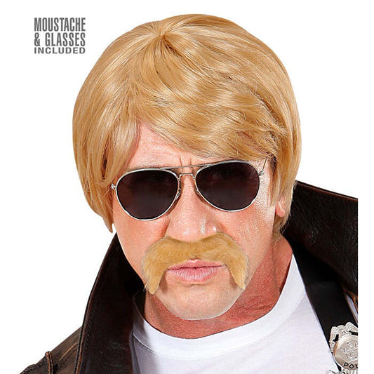 Blond Undercover Agent Wig With Moustache & Sunglasses In Box