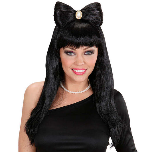 Glam Rock Wig With Bow & Jewel In Box - Black