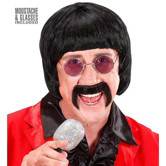 Black 60S Music Man Wig With Moustache & Glasses In Box