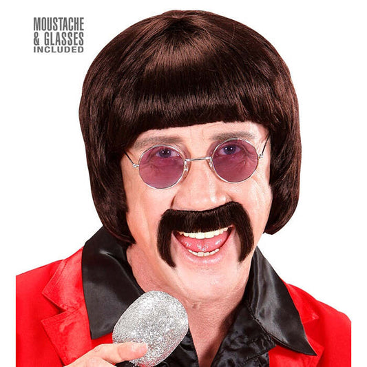 Brown 60S Music Man Wig With Moustache & Glasses In Box