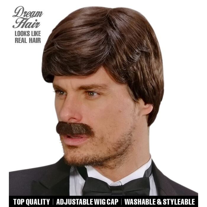 Brown Playboy Dream Hair Wig & Moustache In Color Box