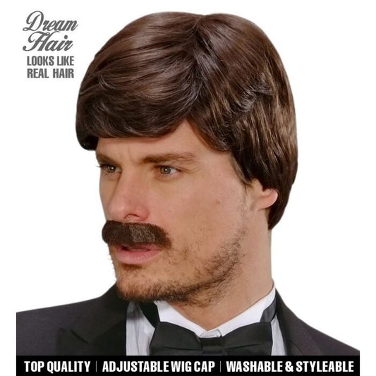 Brown Playboy Dream Hair Wig & Moustache In Color Box