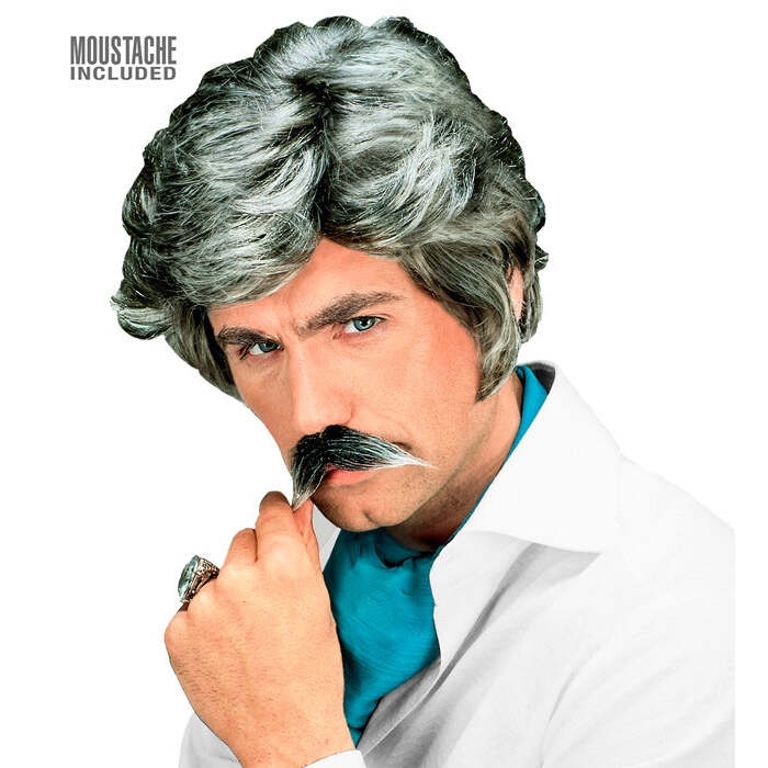 Playboy Wig With Moustache Grey- In Box