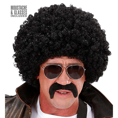 Black Curly Undercover Agent Wig With Moustache & Sunglasses In Box