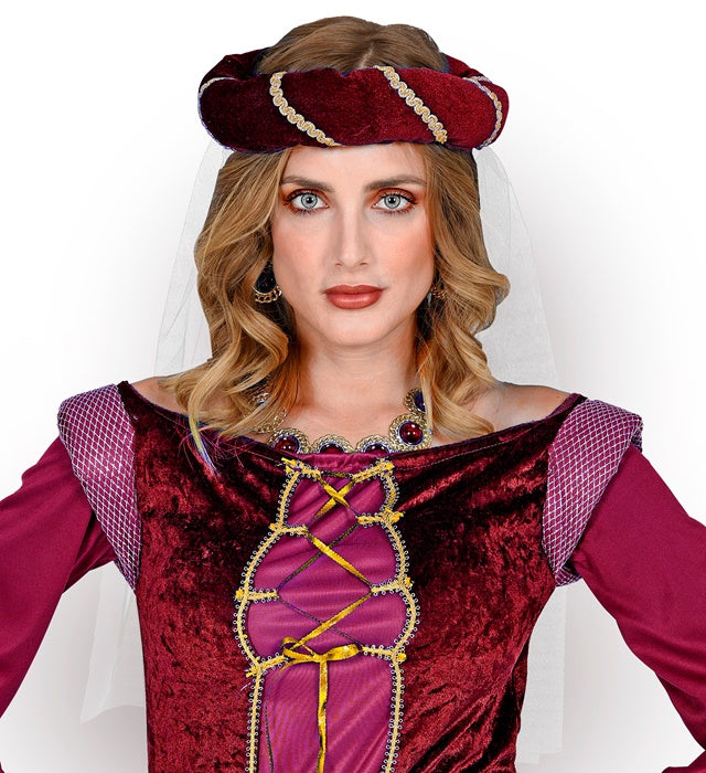 Burgundy Medieval Headdress With Veil