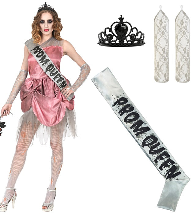 Zombie Prom Queen  Dress With Sash, Fingerless Gloves, Tiara 