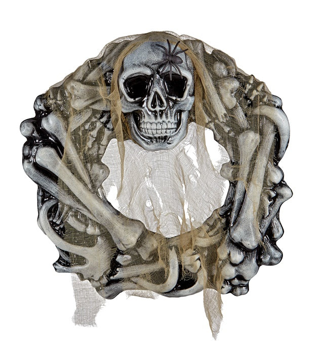 Skull & Bones Wreath With Spider And Spooky Gauze 50 Cm
