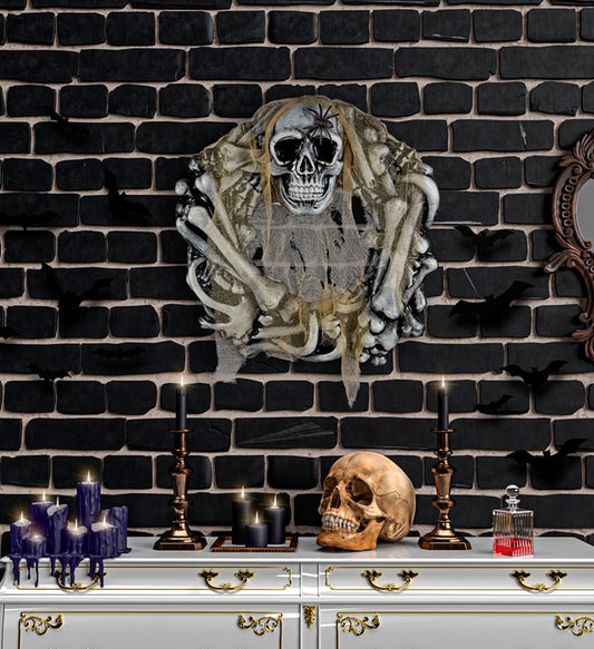 Skull & Bones Wreath With Spider And Spooky Gauze 50 Cm