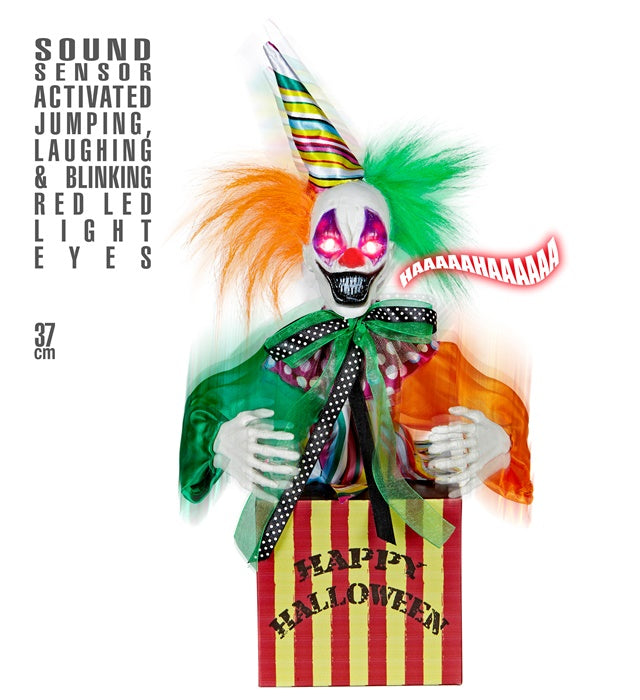 Sound Sensor Activated Jumping & Laughing Clown In The Box With Blinking Red Led Light Eyes 37 Cm 