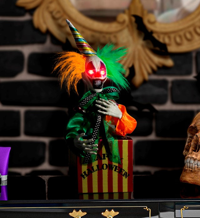 Sound Sensor Activated Jumping & Laughing Clown In The Box With Blinking Red Led Light Eyes 37 Cm 