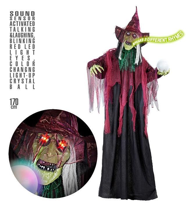 Sound Sensor Activated Animated Talking & Laughing Witch With Blinking Red Led Light Eyes & Color Changing Light-Up Crystal Ball 170 Cm - Speaks 3 Different Rhymes 