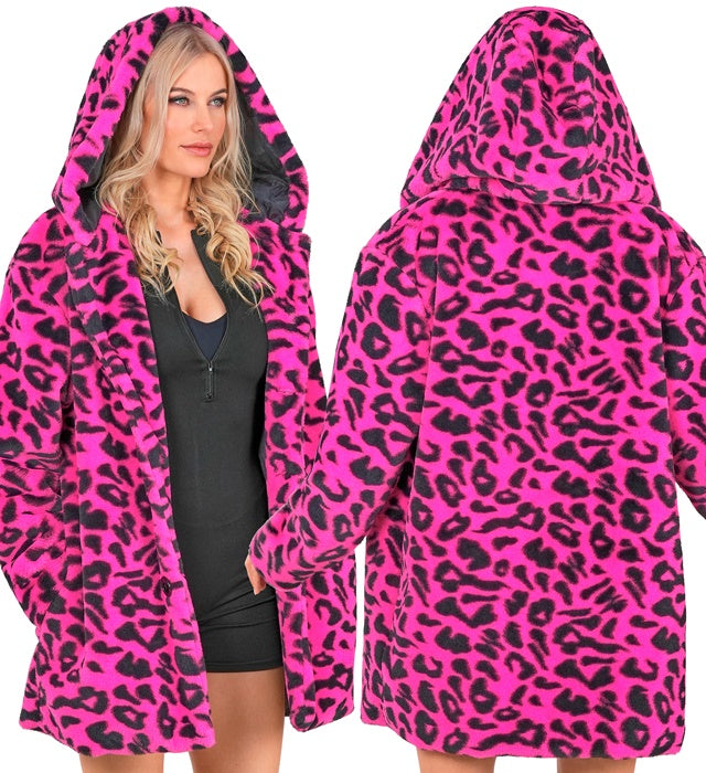 Neon Pink Animalier Leopard Plush Hooded Coat