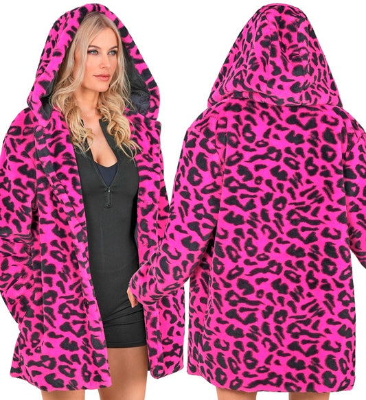 Neon Pink Animalier Leopard Plush Hooded Coat
