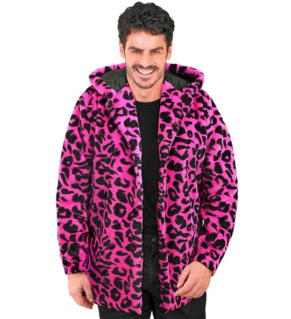 Neon Pink Animalier Leopard Plush Hooded Coat