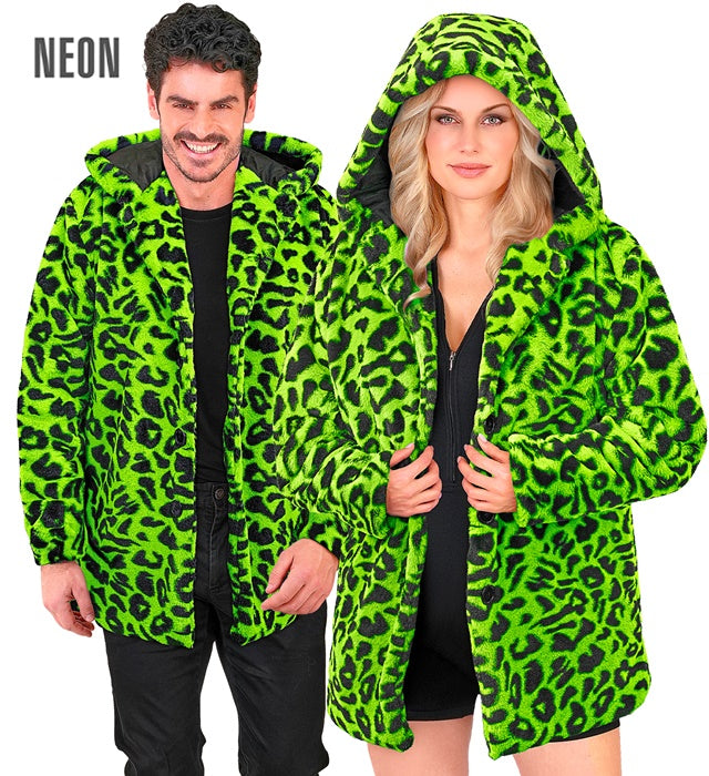 Neon Green Animalier Leopard Plush Hooded Coat