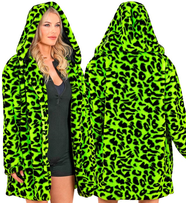 Neon Green Animalier Leopard Plush Hooded Coat