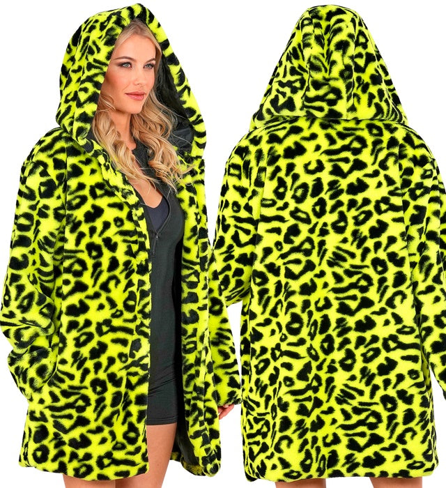 Neon Yellow Animalier Leopard Plush Hooded Coat