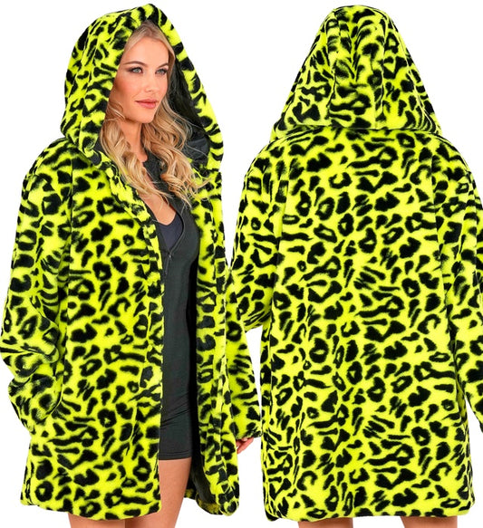 Neon Yellow Animalier Leopard Plush Hooded Coat