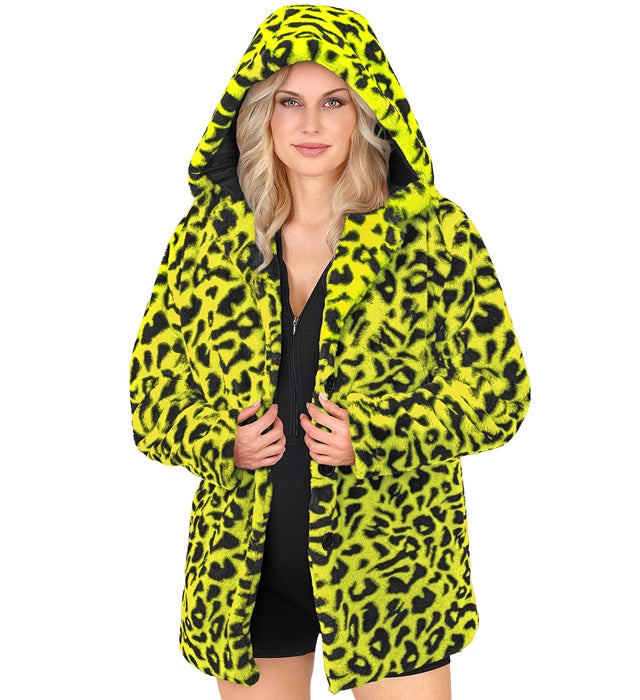 Neon Yellow Animalier Leopard Plush Hooded Coat